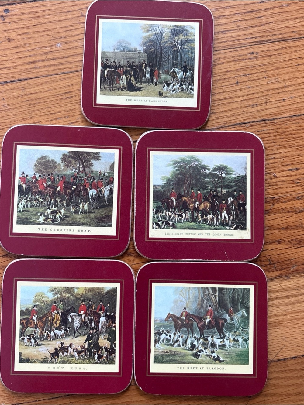Vintage Cloverleaf fox hunting coasters, cork back made in the UK